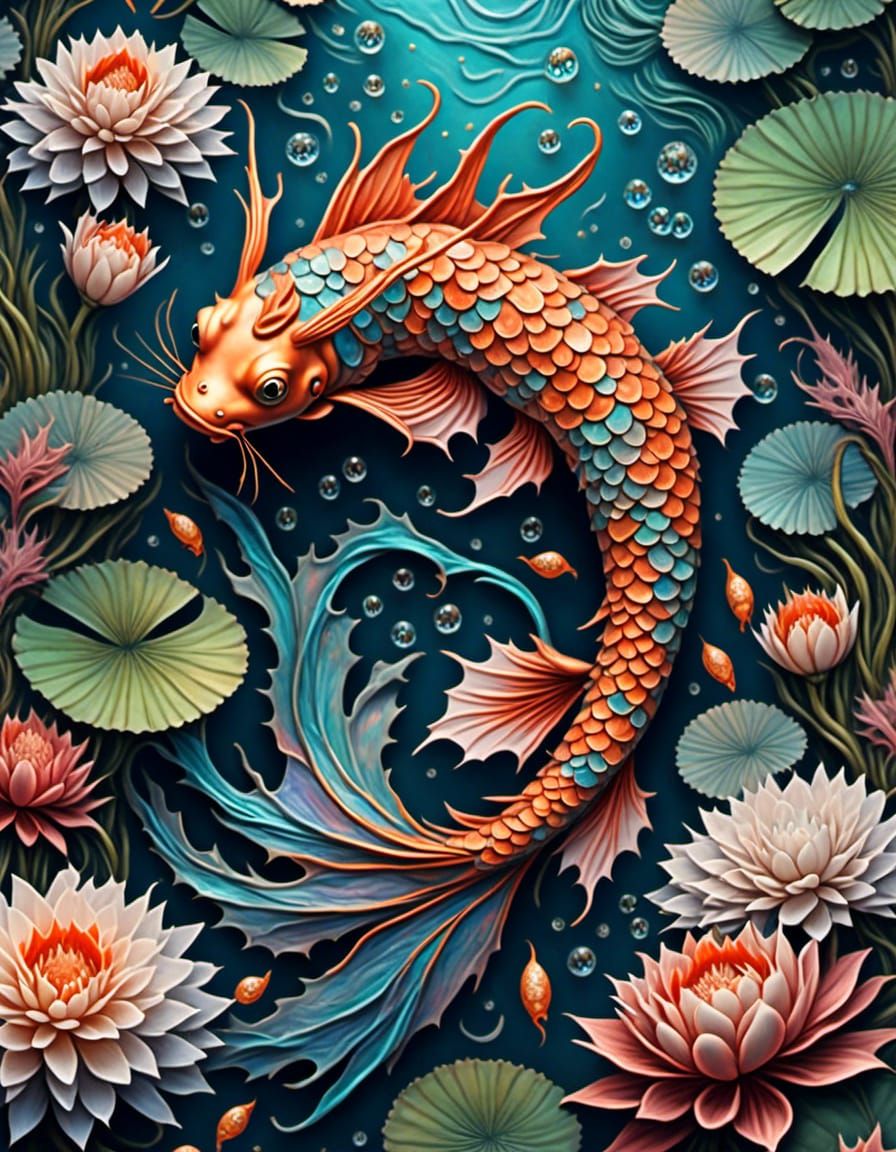Hand-Drawn Koi Fish in Underwater Fantasy