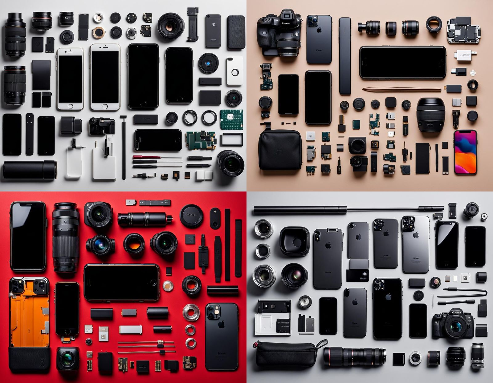 An insanely detailed knolling of iPhone 15 parts.  Professional photography, bokeh, natural lighting, canon lens, shot o...