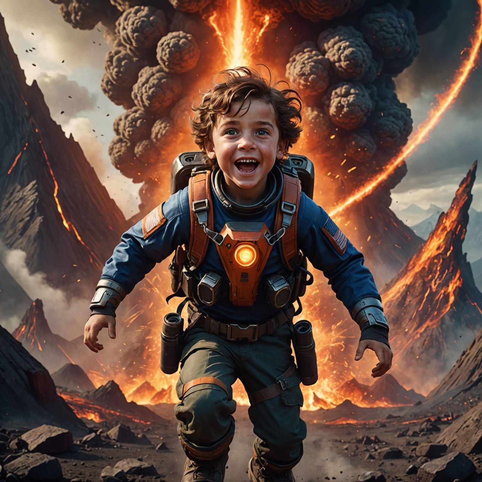 Child Soars from Volcano in Dark Fantasy Style