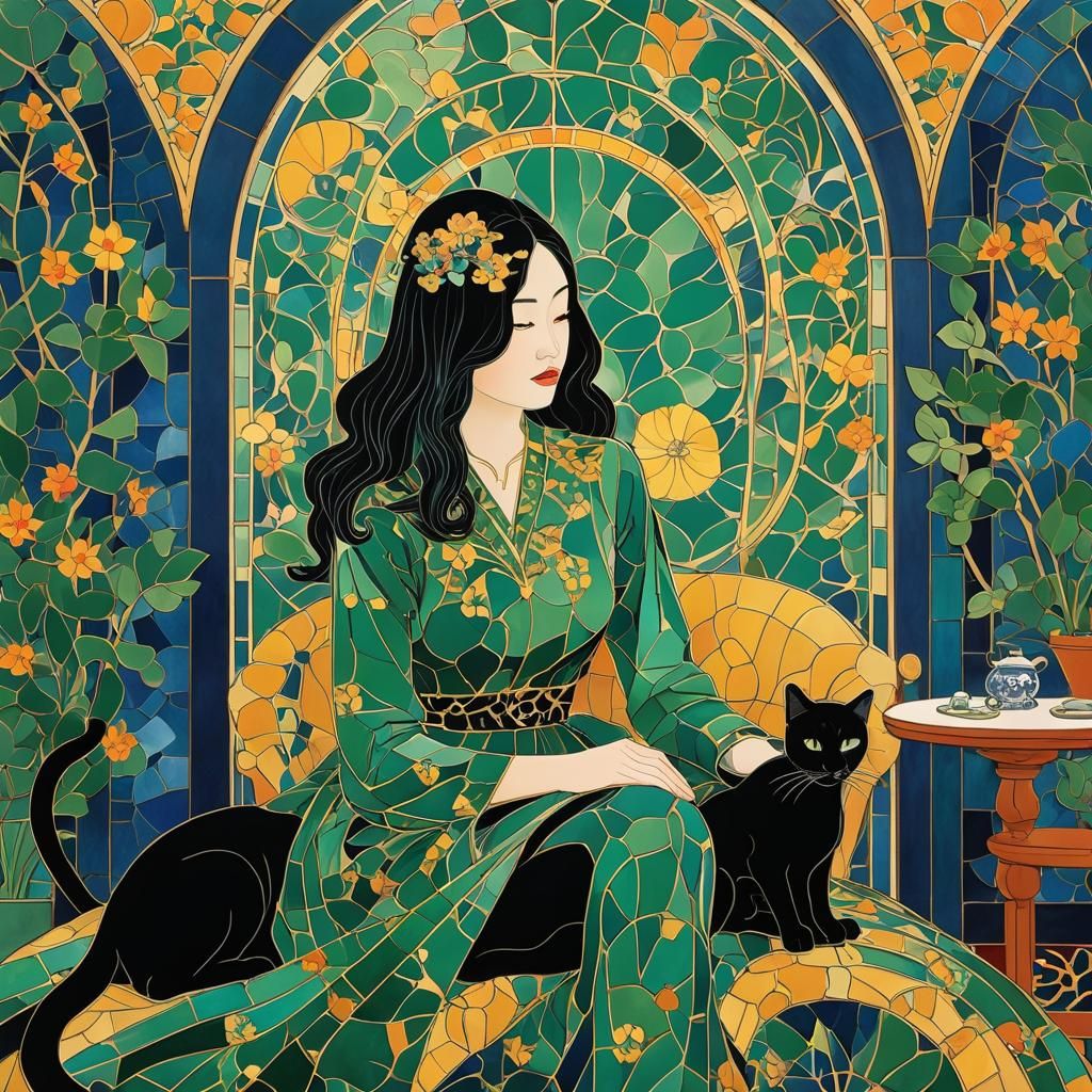 Elegant Girl with Cat in Art Nouveau Style