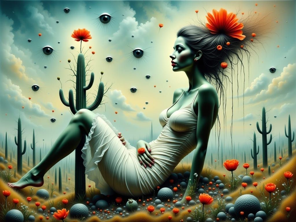 Surreal Woman in Agony Amidst Burning Ash and Blooming Beaut...