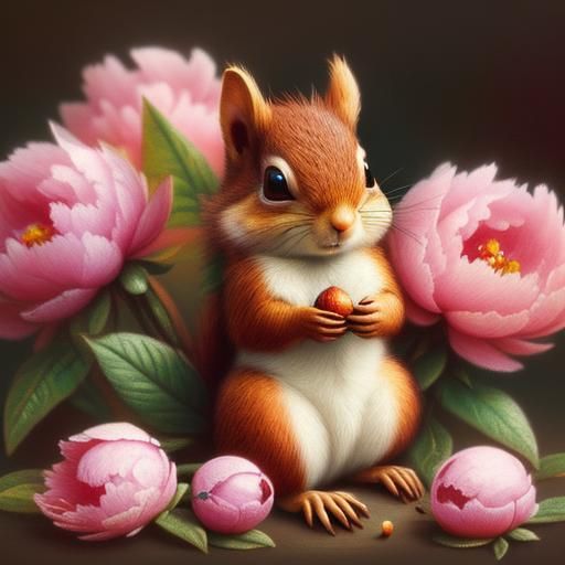 Whimsical Squirrel with Acorn on Peony Flower