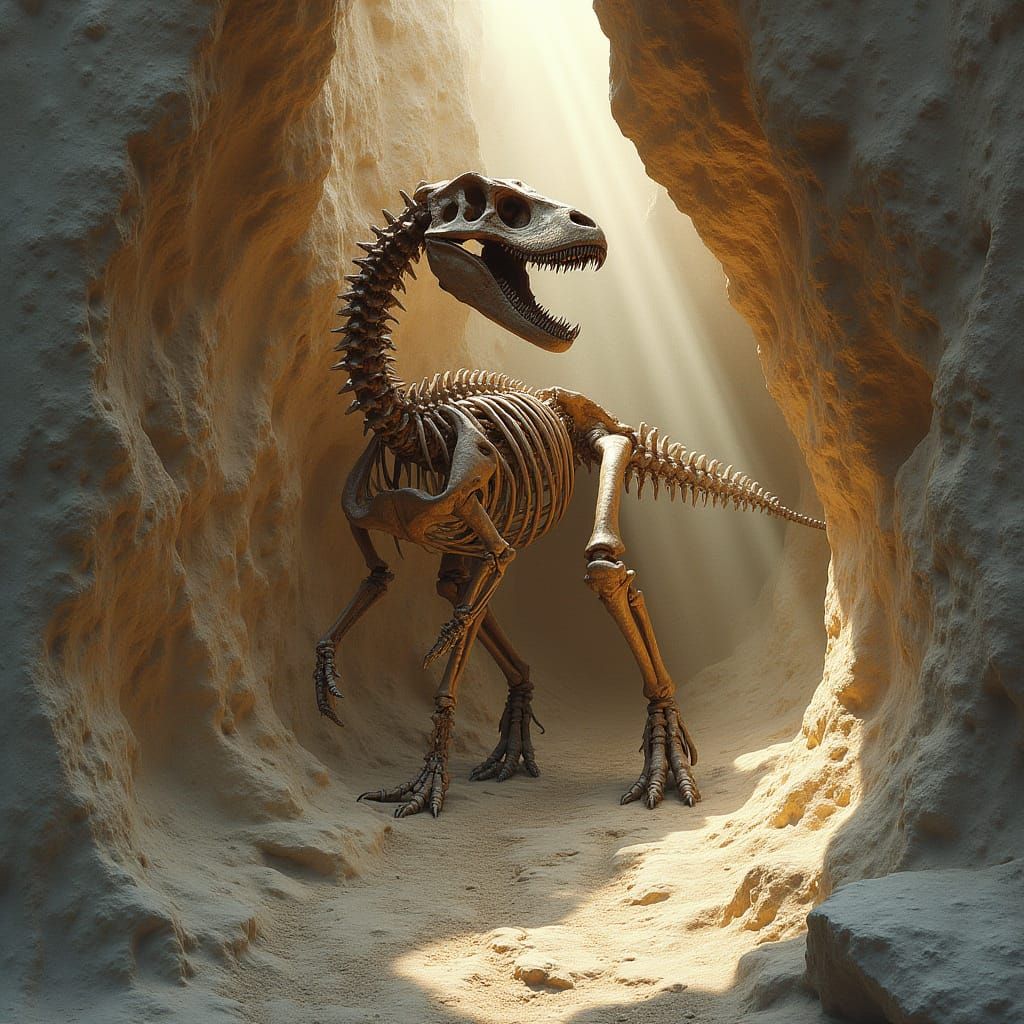 Fossilized Dinosaur Skeleton in Stone, Realistic Illustratio...