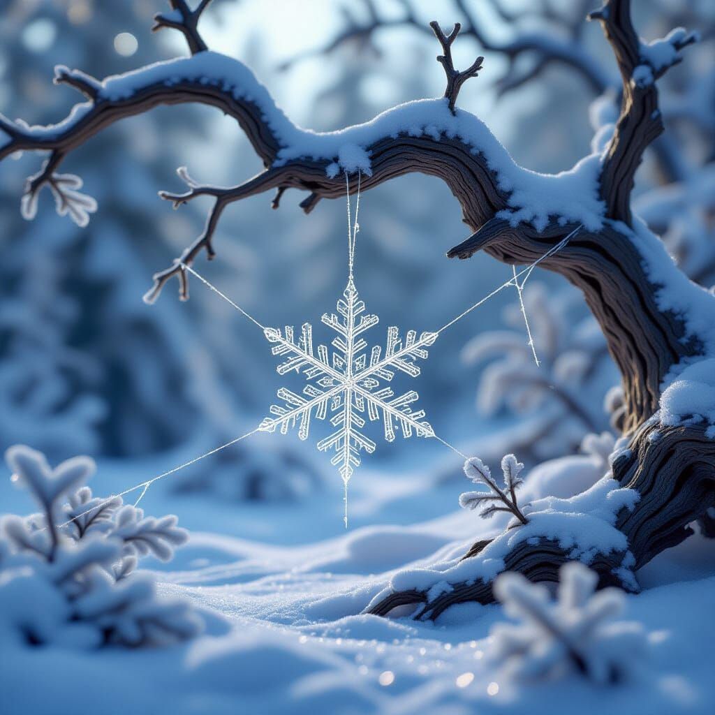 Snowflake Reflecting Winter Forest as Matte Painting