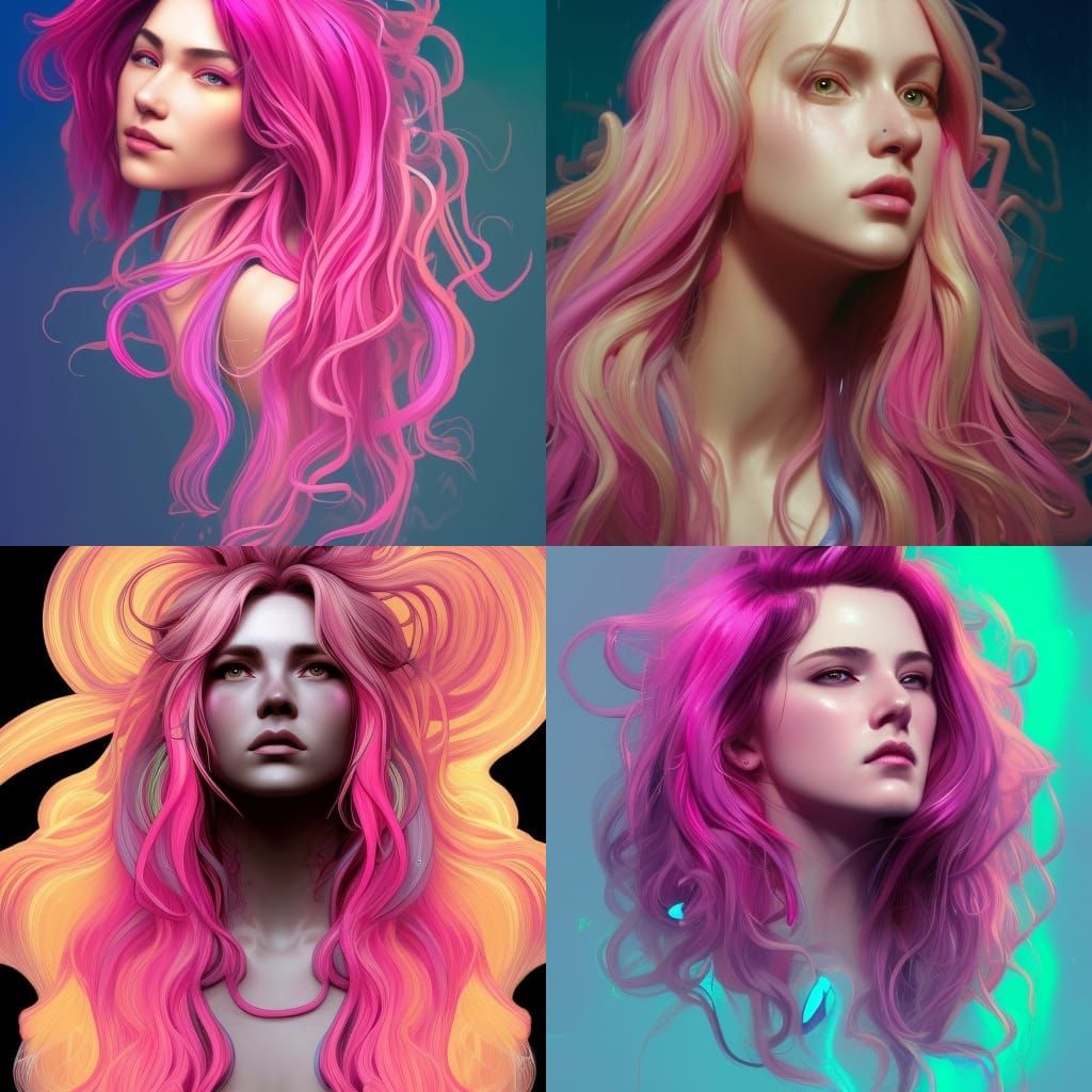 Neon Pink Hair Portrait in Art Nouveau Style