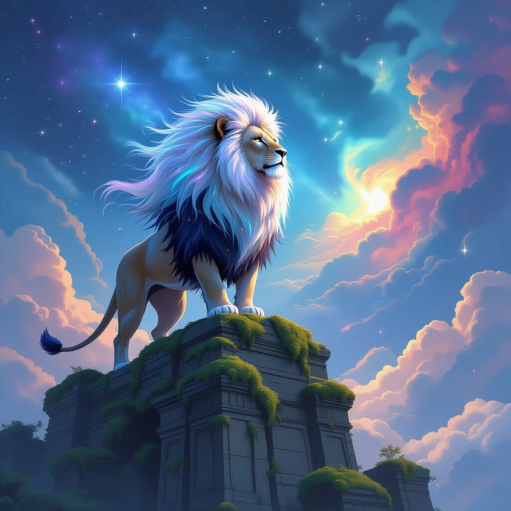 Celestial Lion on Ancient Ruins in Dreamlike Style