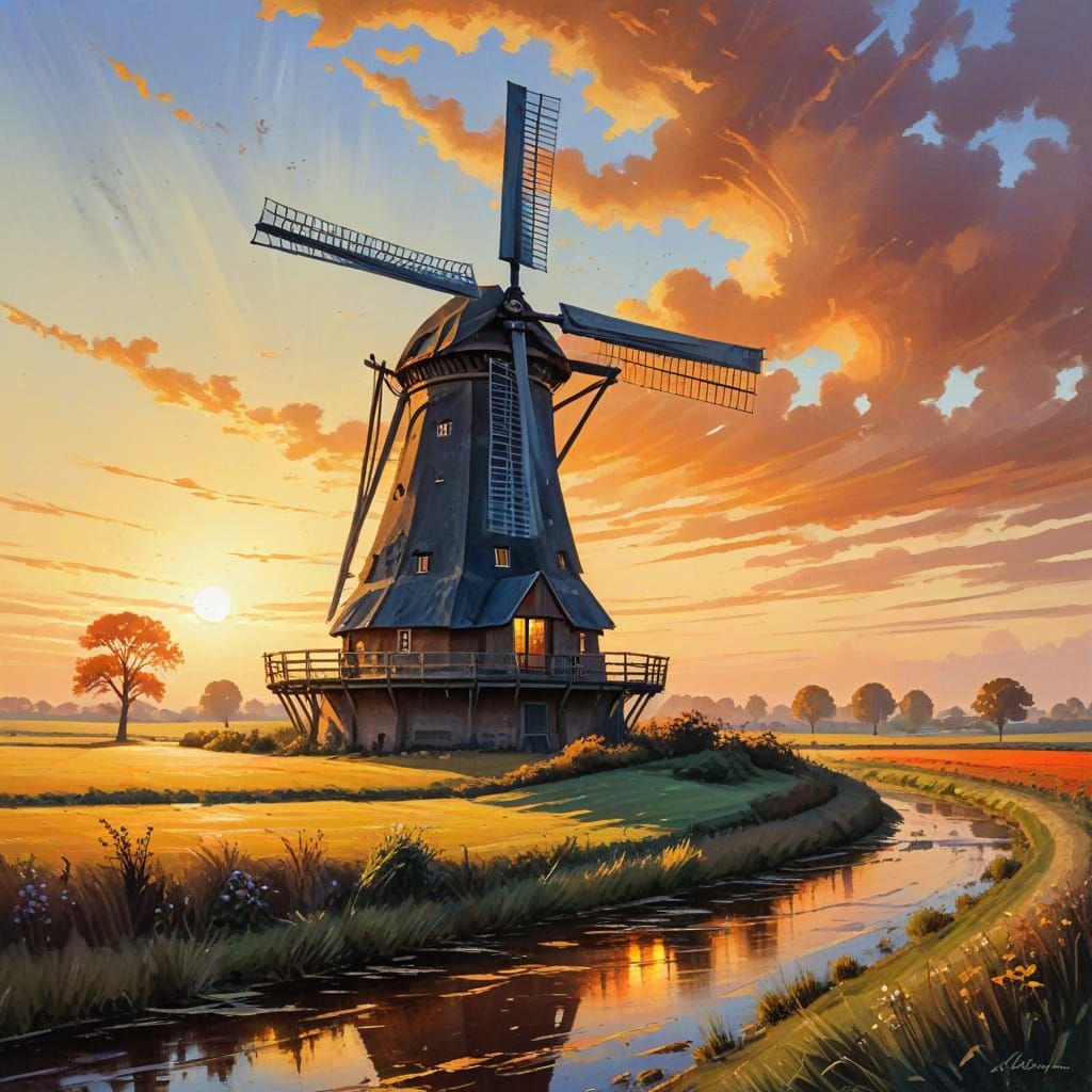 Vibrant Dutch Windmill Masterpiece in Impressionist Style