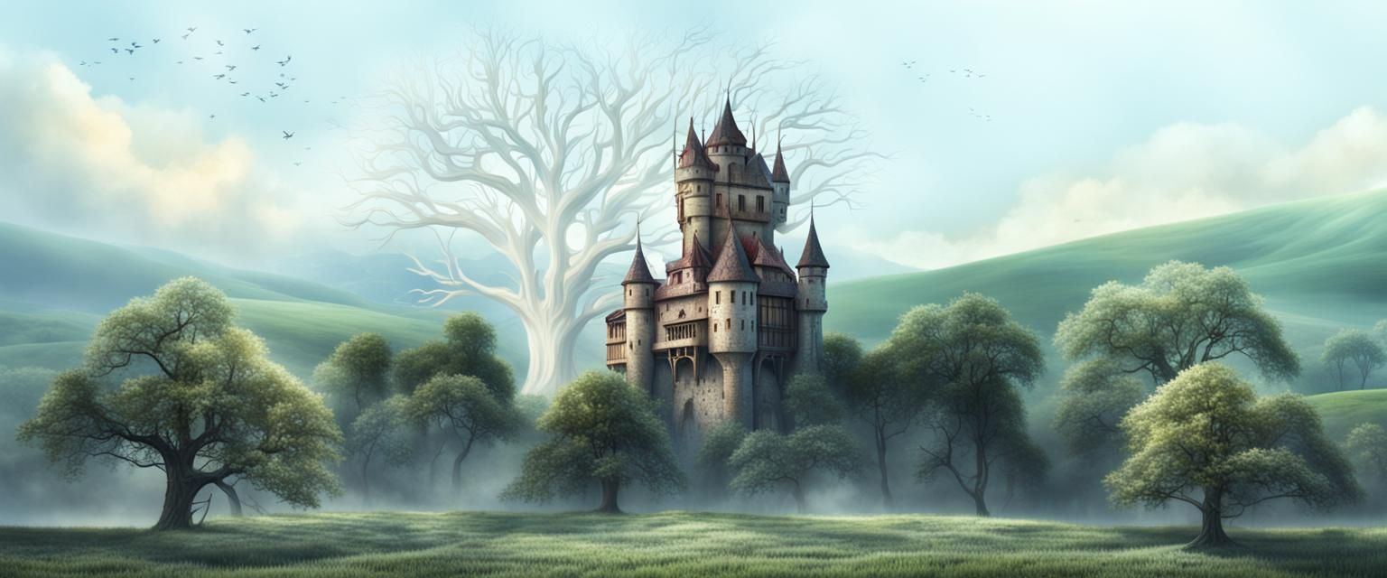 Medieval Castle with Weirwood Tree Digital Painting