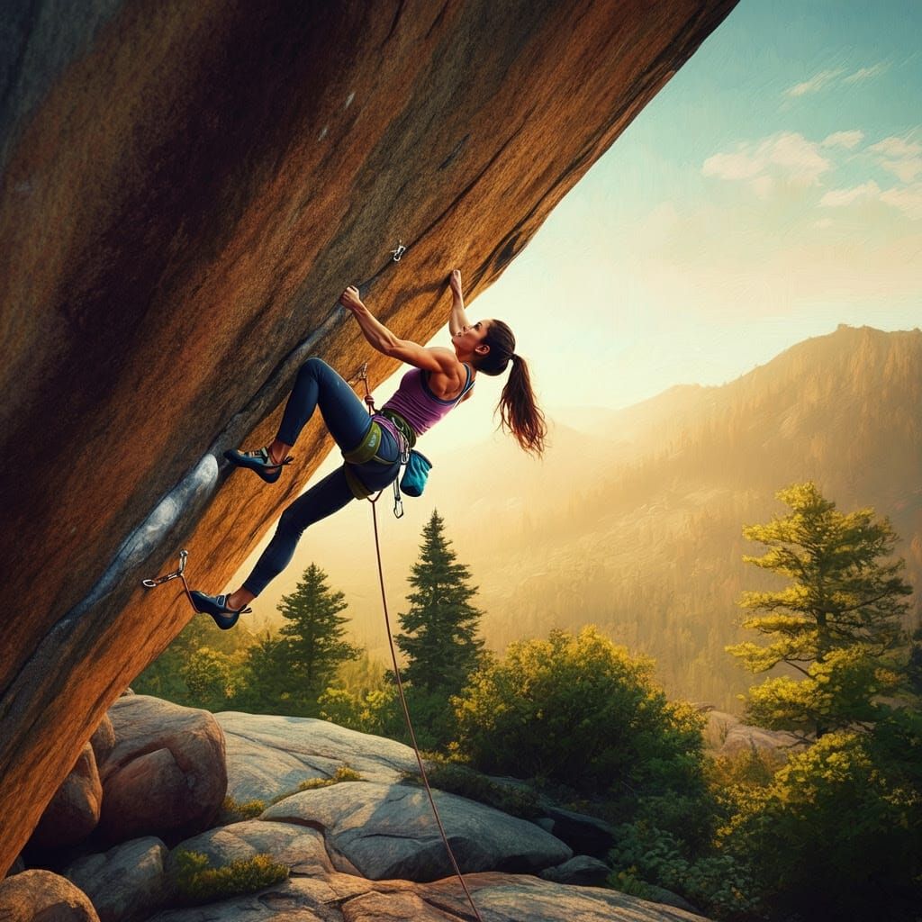 Vibrant Rock Climber Ascends Granite Cliff Face