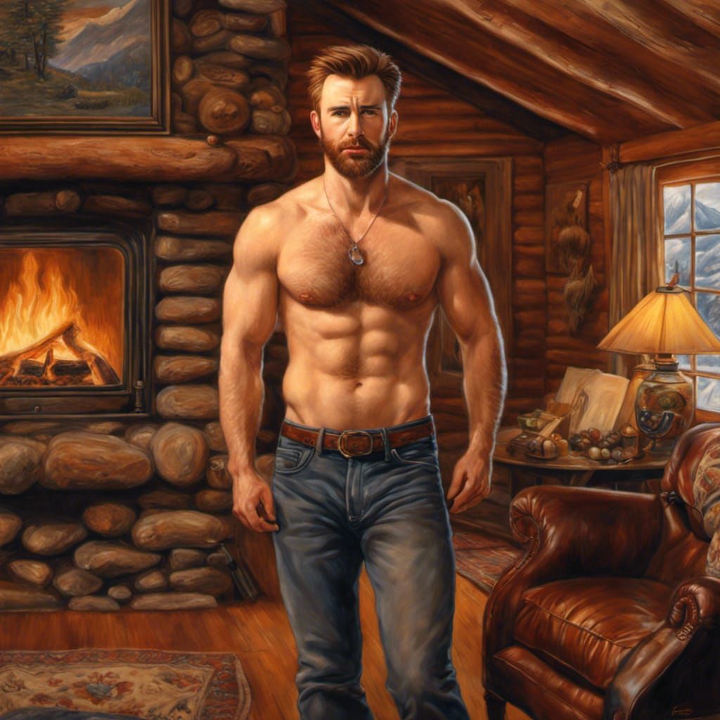 chris evans in front of fireplace .