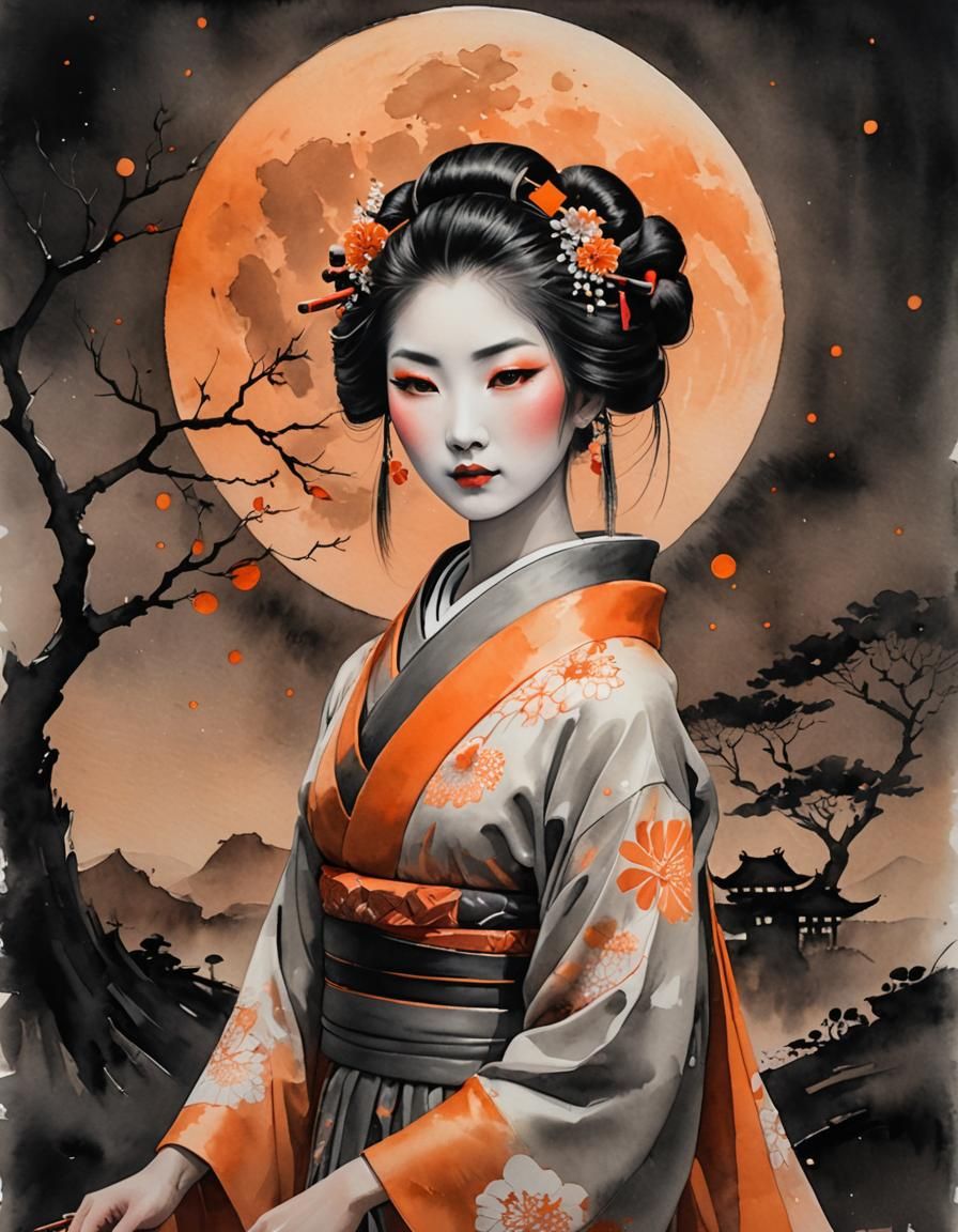 Geisha in Watercolor Style Before Blood Moon