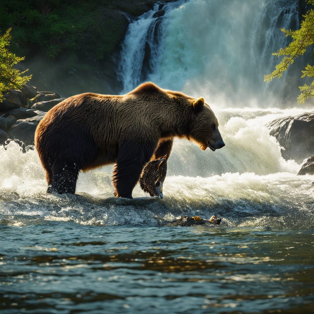 Bears Catching Fish in Golden Light
