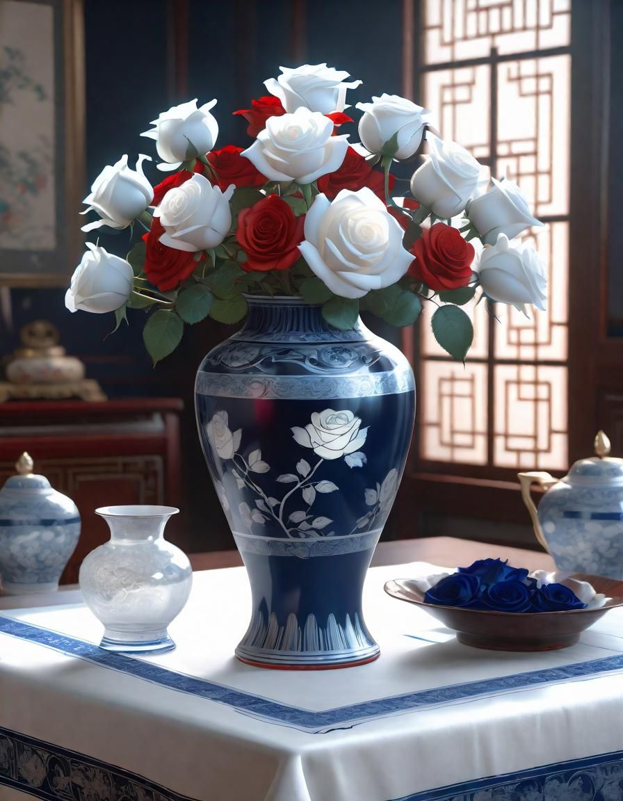 Porcelain vase with white and red roses (Juggernaut XL v5)