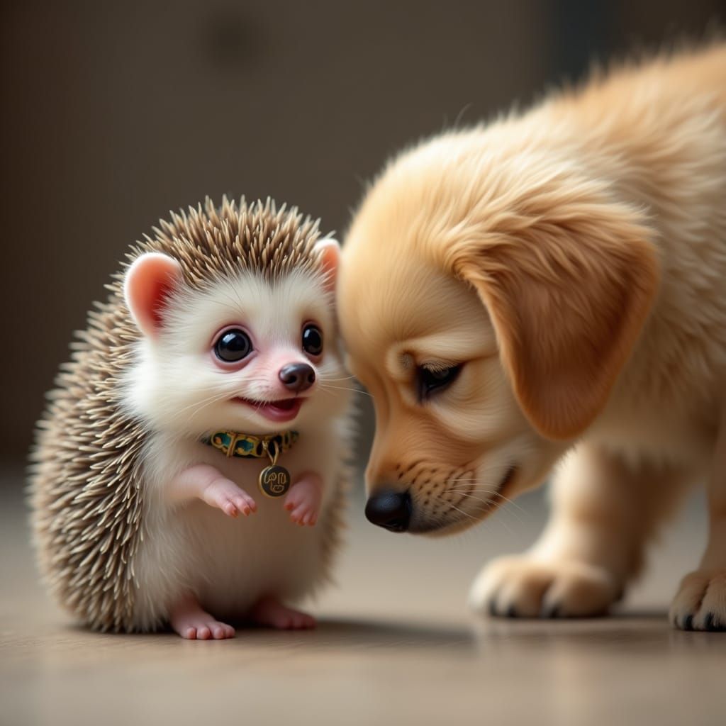 Adorable Hedgehog and Golden Retriever Friendship in Photore...