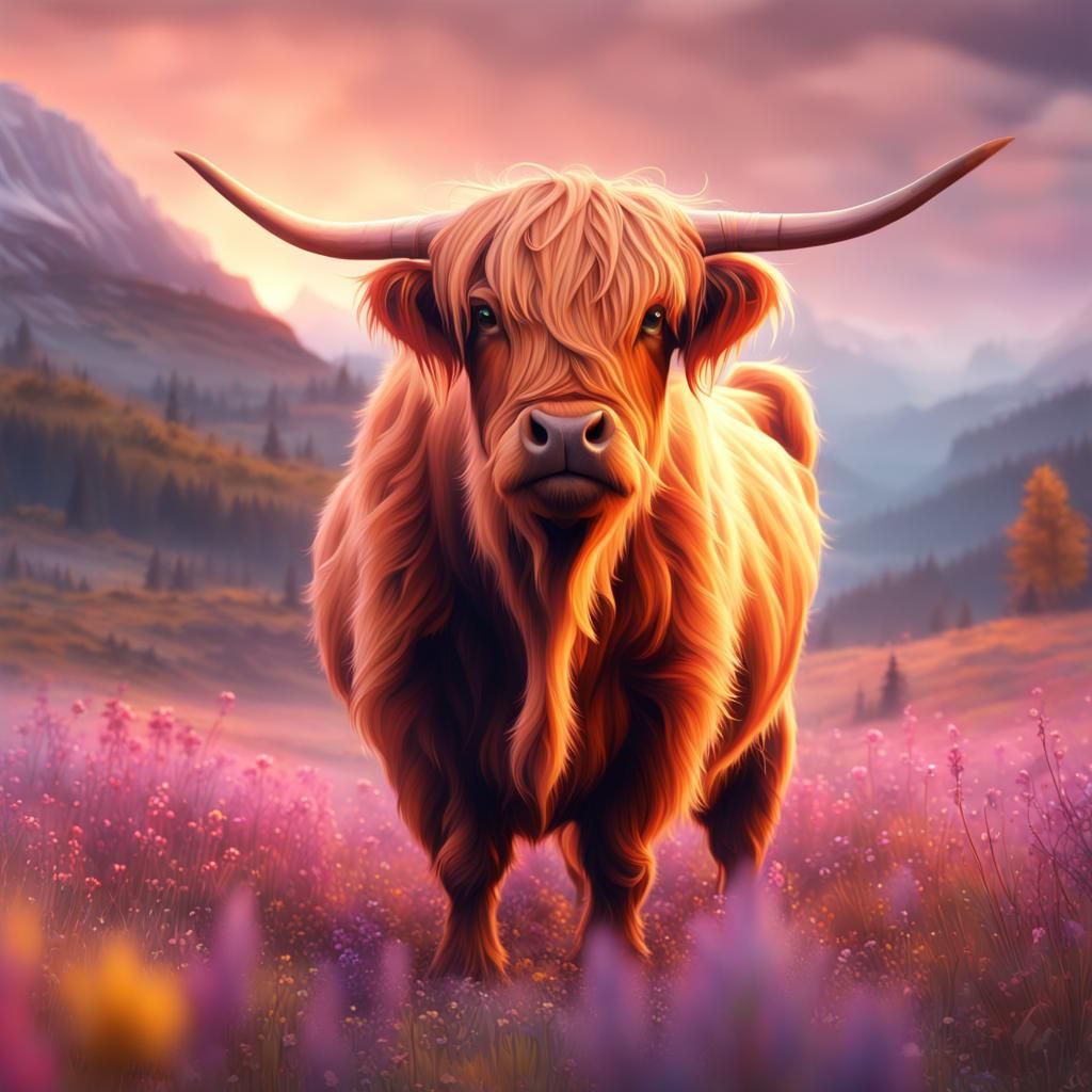 Cartoon Highland Cow in Vibrant Pastel Colors
