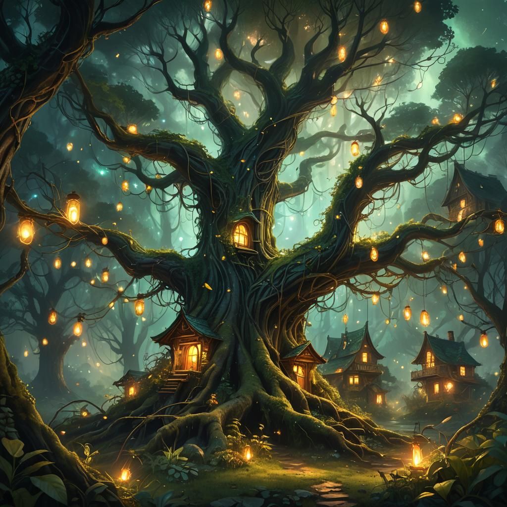 Enchanted Forest Scene with Twisted Tree