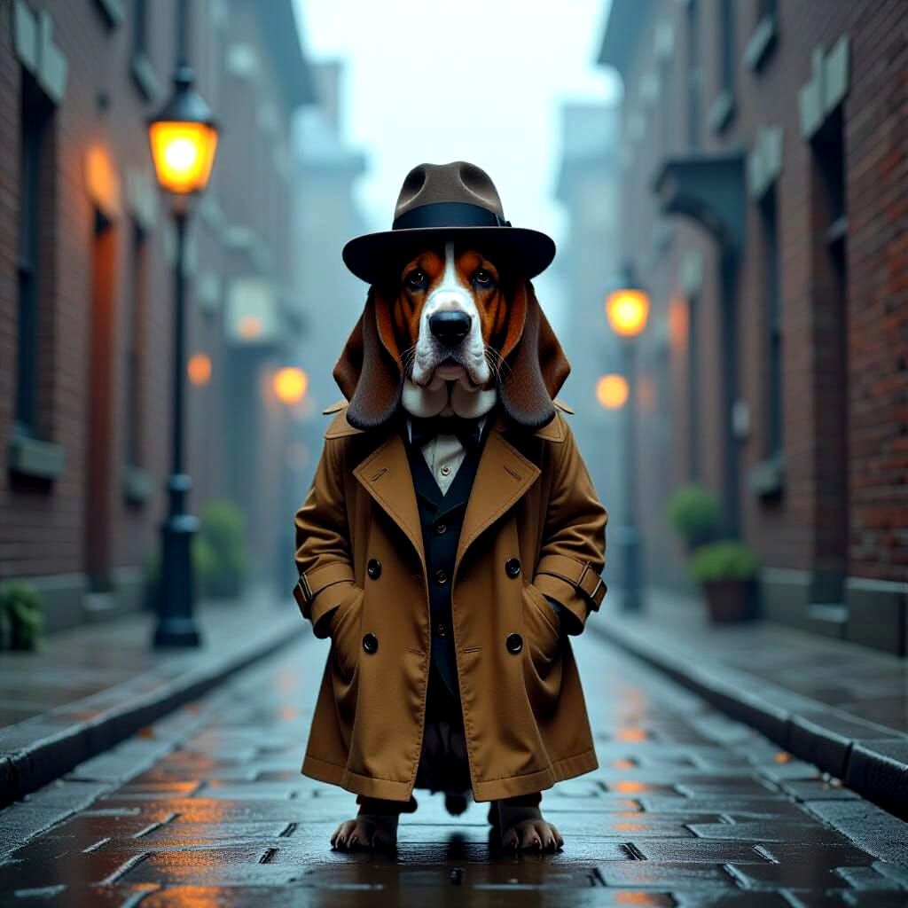 Basset Hound Detective in Foggy Victorian Street