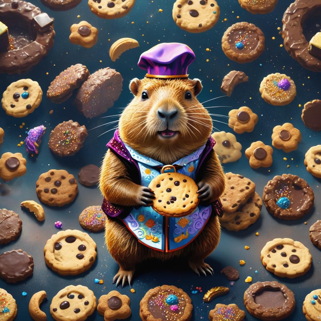 Pointillist Capybara Chef Enjoying a Cookie