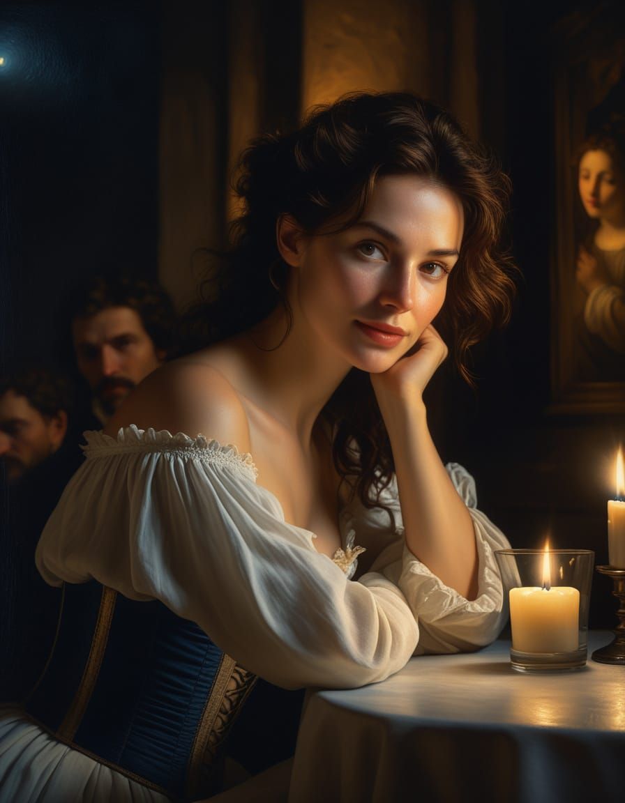 Baroque Portrait of Woman in Cafe at Night