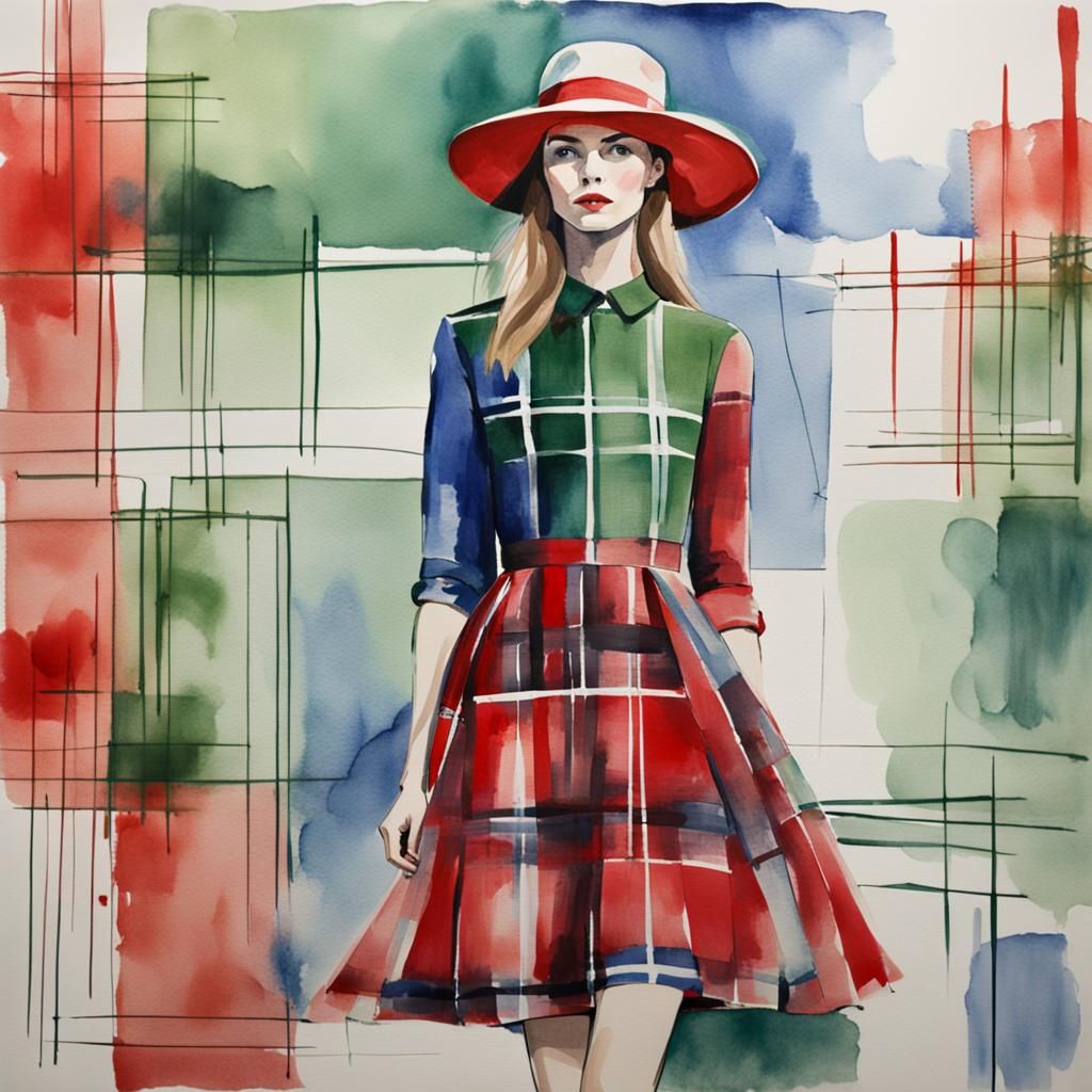 Watercolor Model in Plaid Dress on Catwalk