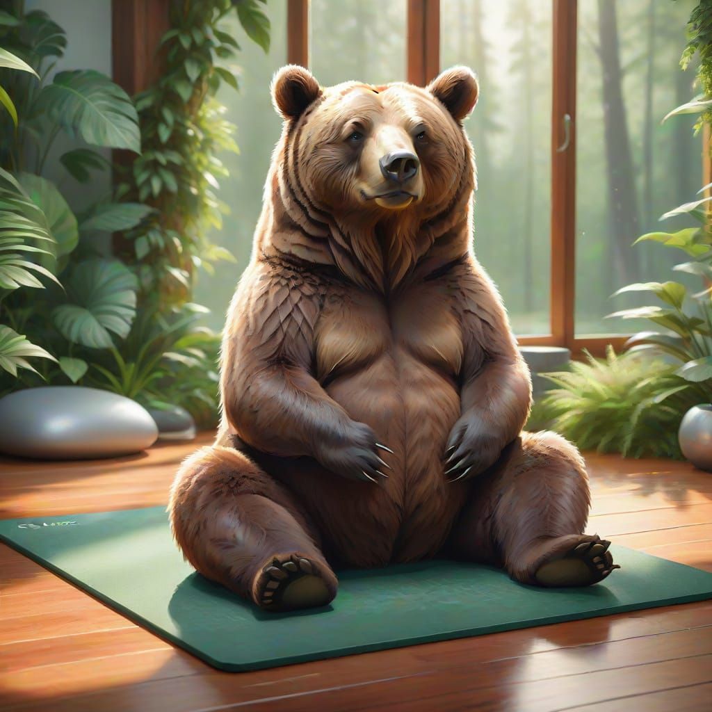 Realistic Bear in Yoga Pose, Tranquil Nature Scene