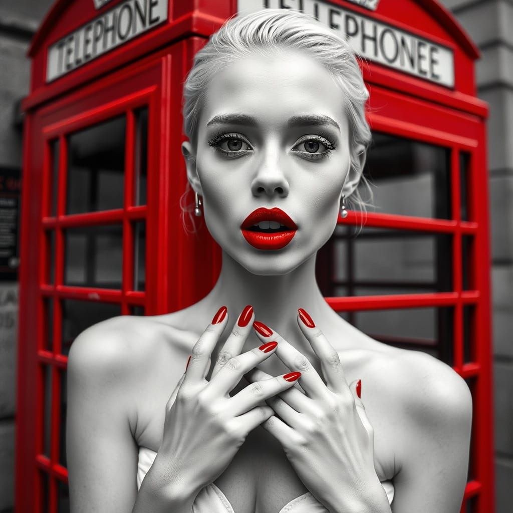 Albino Woman with Red Accents in Black and White