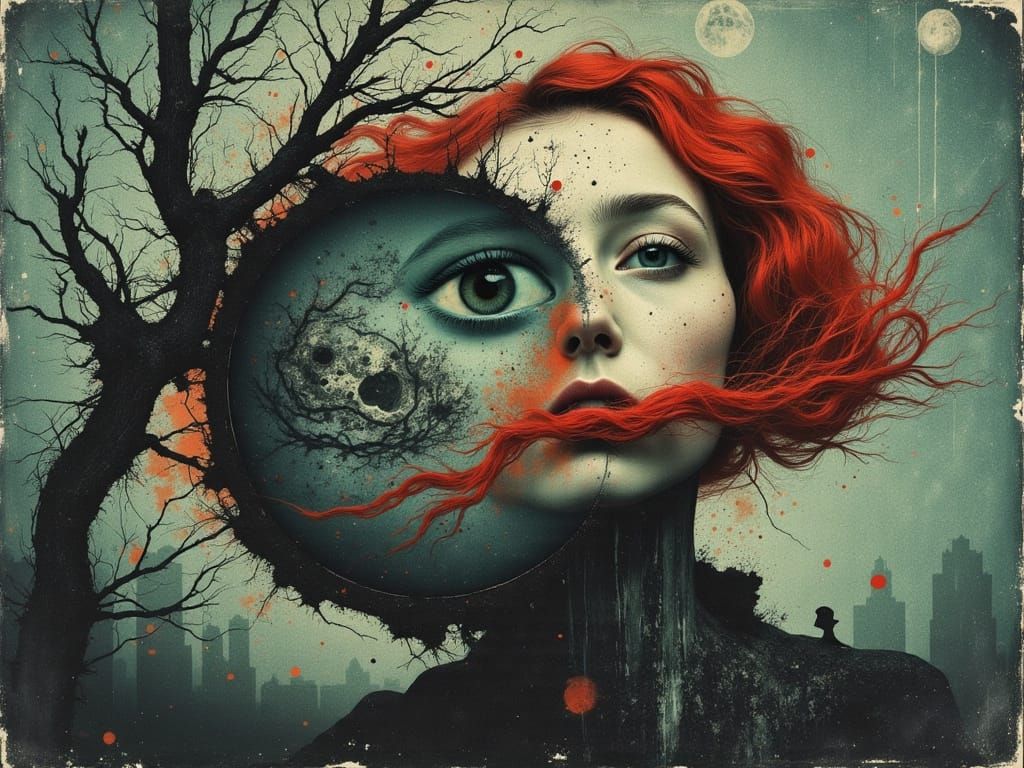 Woman Examines Distorted Mind in Whimsical Surreal Bubble