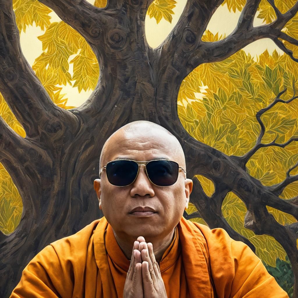 Monk in Sunglasses Meditating: Expressionist Oil Painting