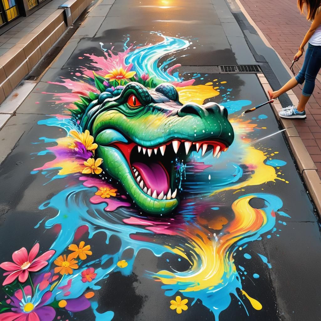 chalk art street painting,3d, crocodile