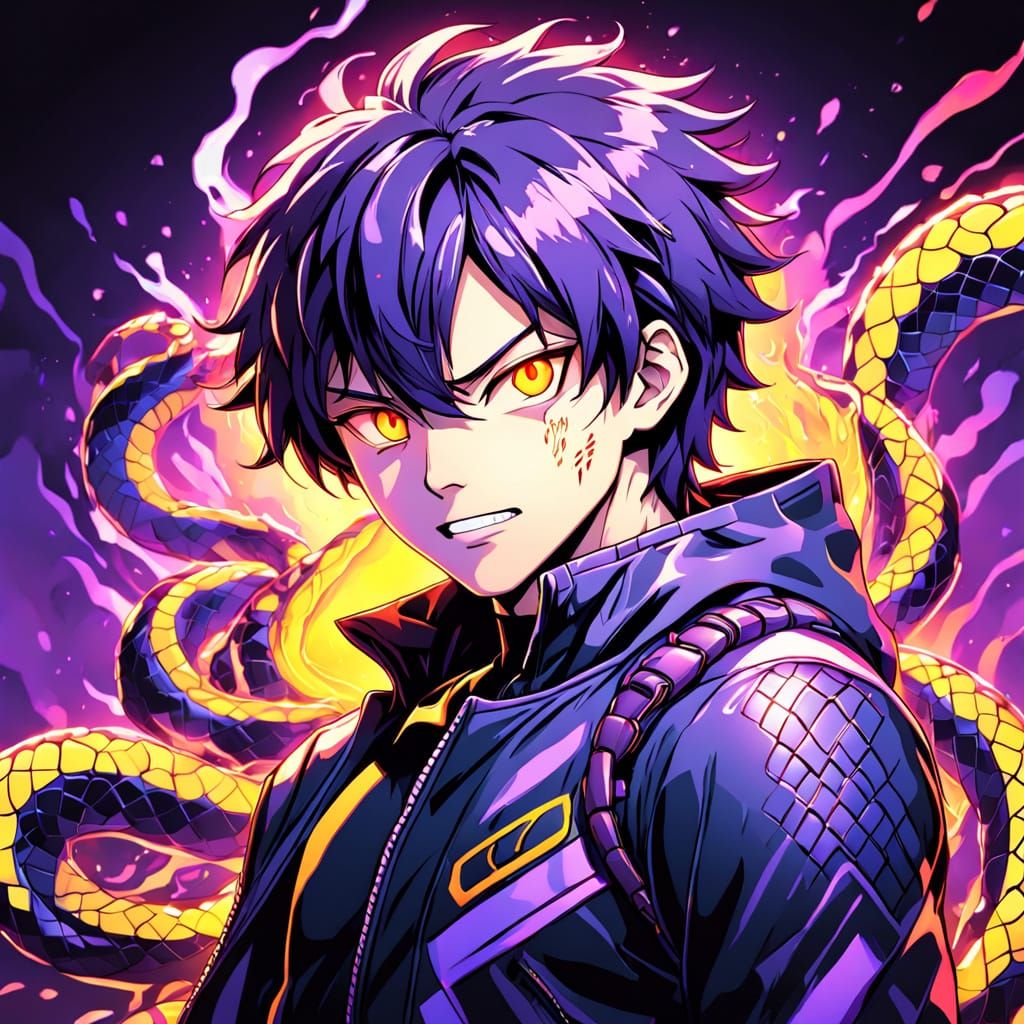Serpentine Teenage Boy Slithers through Vibrant Anime Backgr...