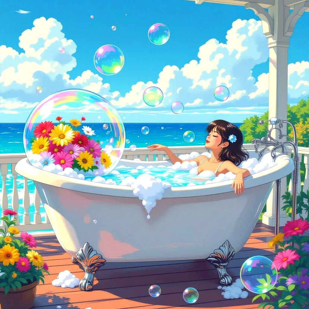 Floral Bubbles in Clawfoot Tub on Verandah