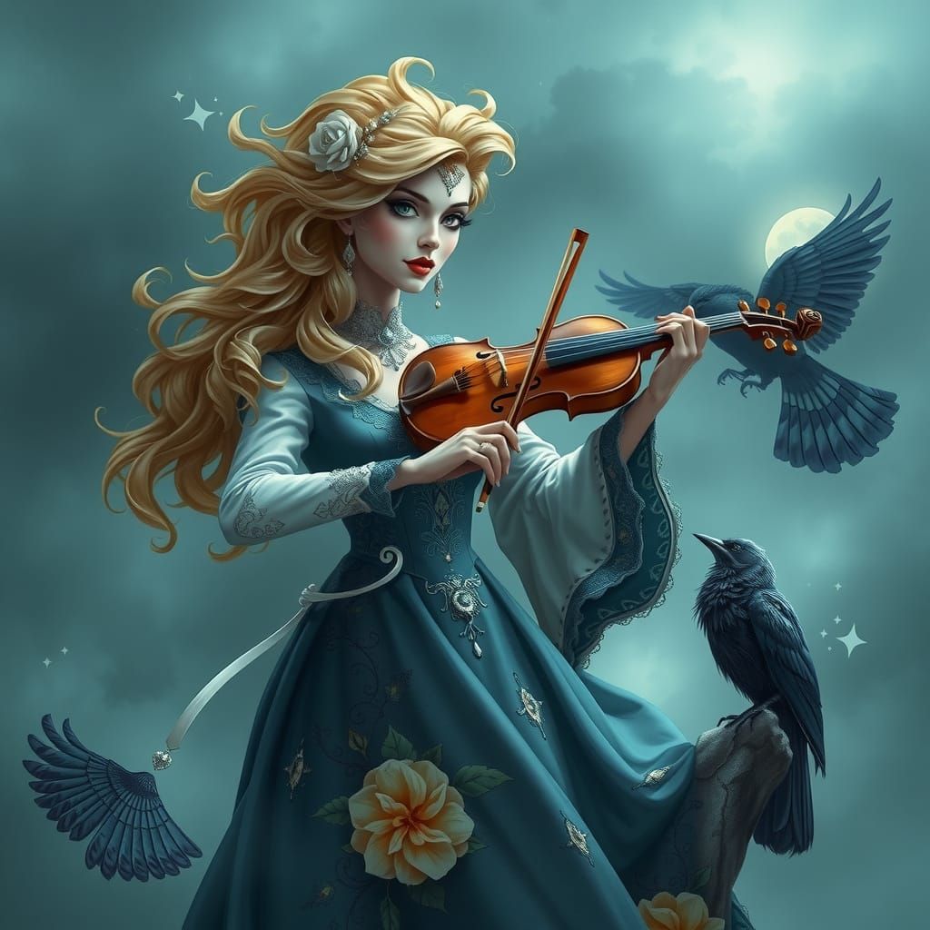 Blonde Goddess Plays Silver Violin in Whirling Gold Motifs