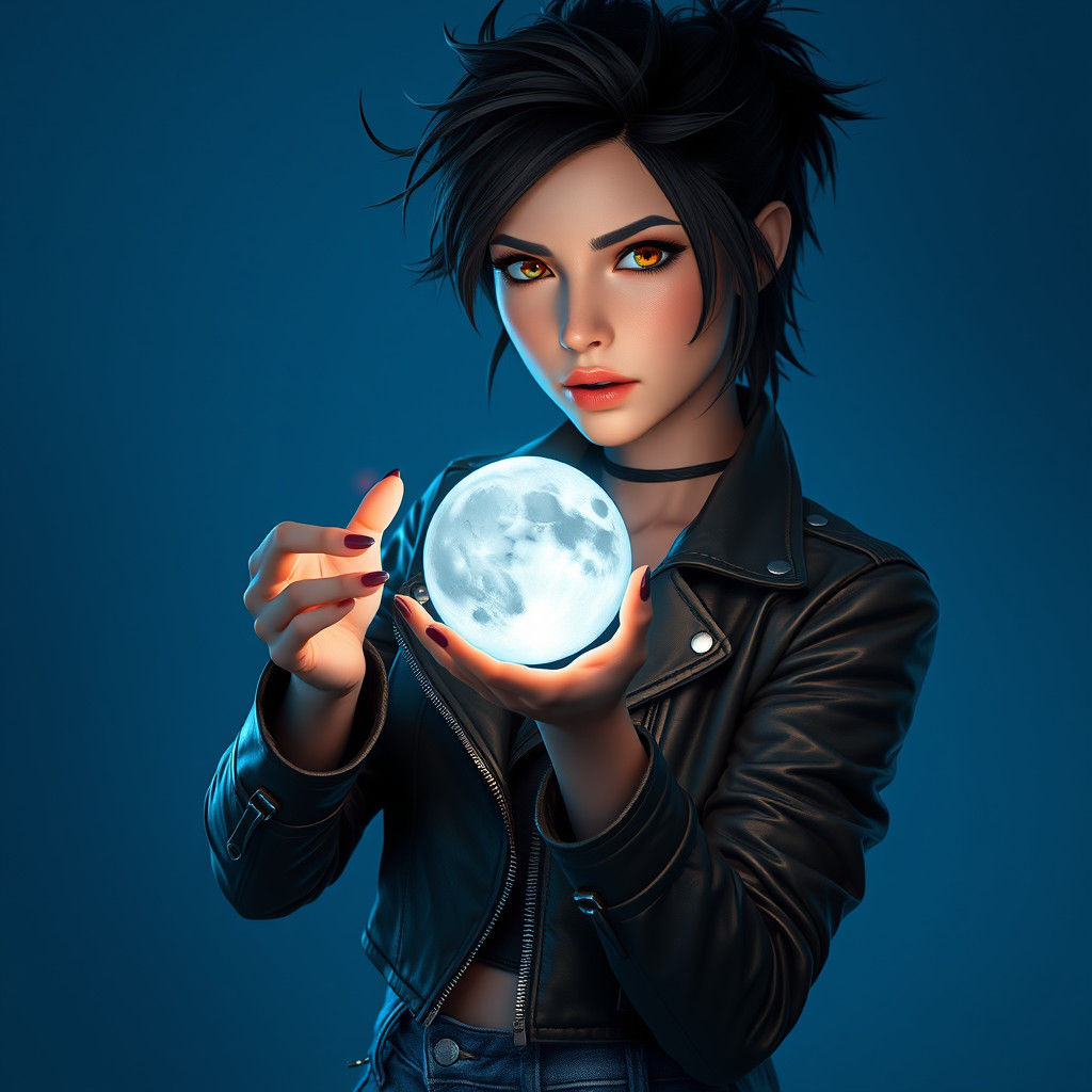 Futuristic Hacker Girl Holding Glowing Moon