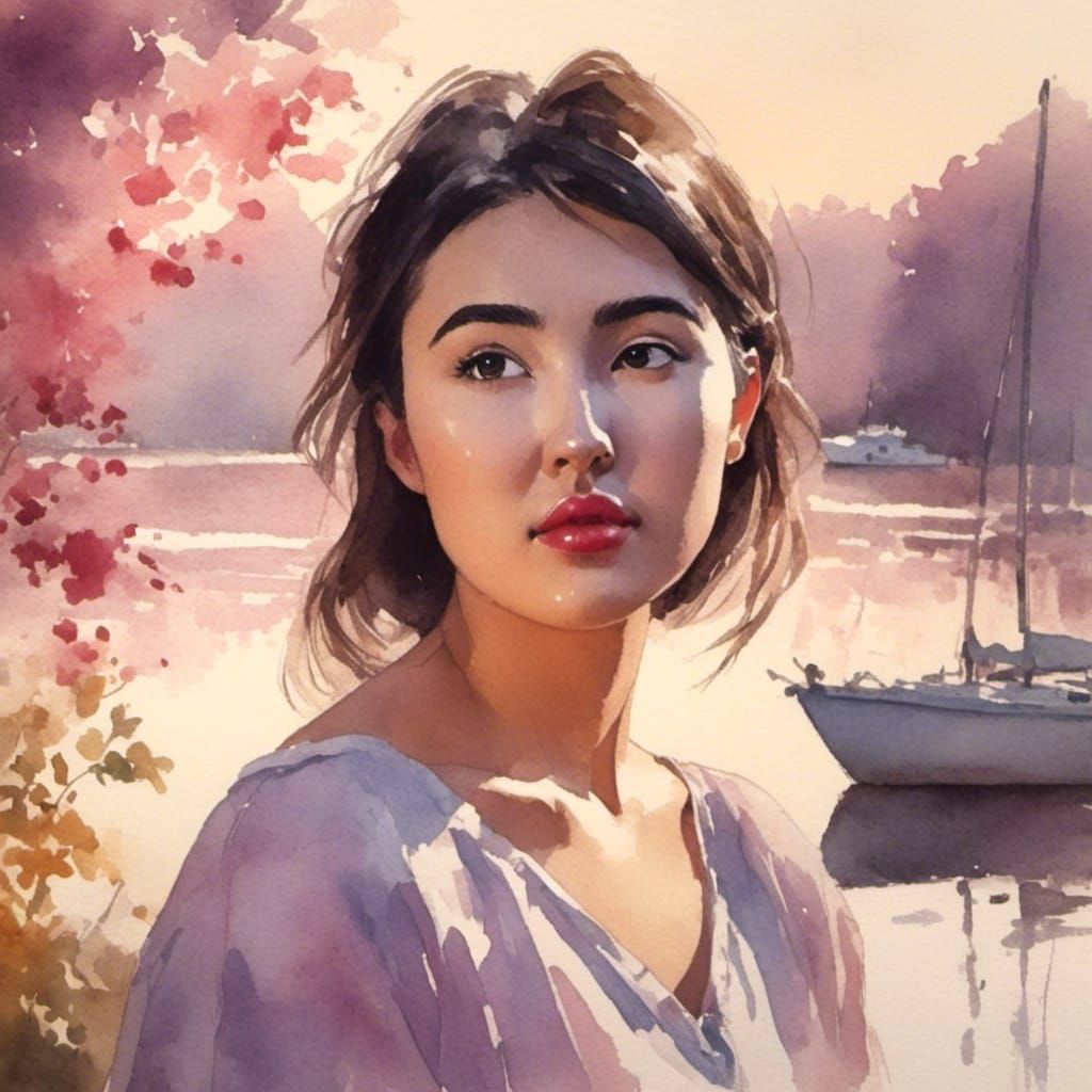 Dreamy Watercolour Portrait with Lake and Sailboat