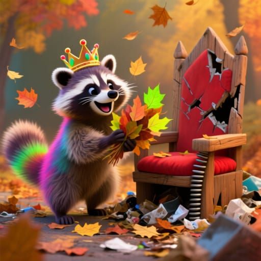King Raccoon Happily Plays with Leaves in Autumn Throne Room