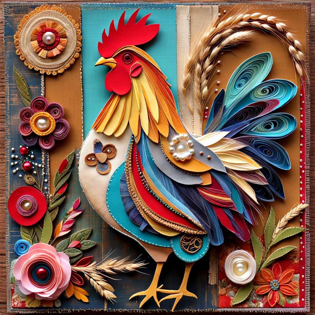 Colorful Mixed Media Collage Rooster Folk Art