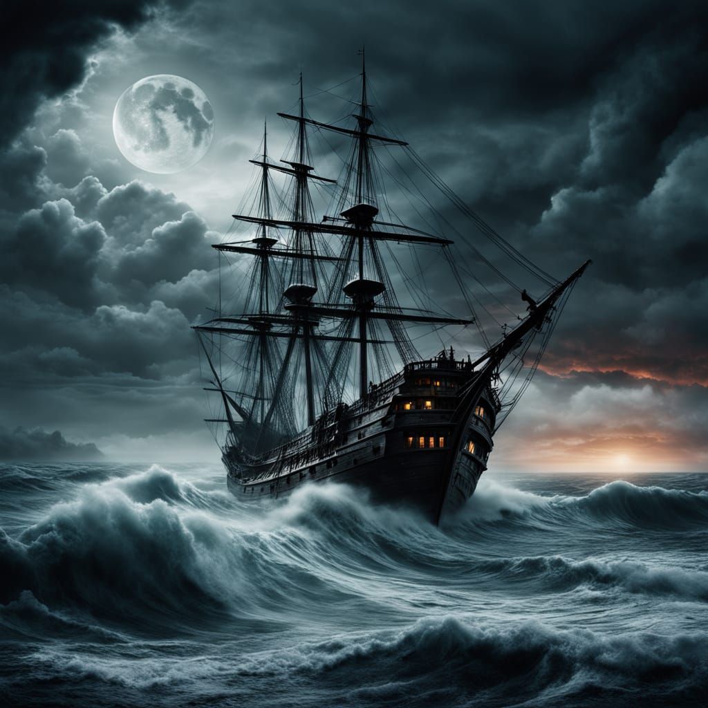 Surreal Galleon Shipwrecked Under Blood Moon