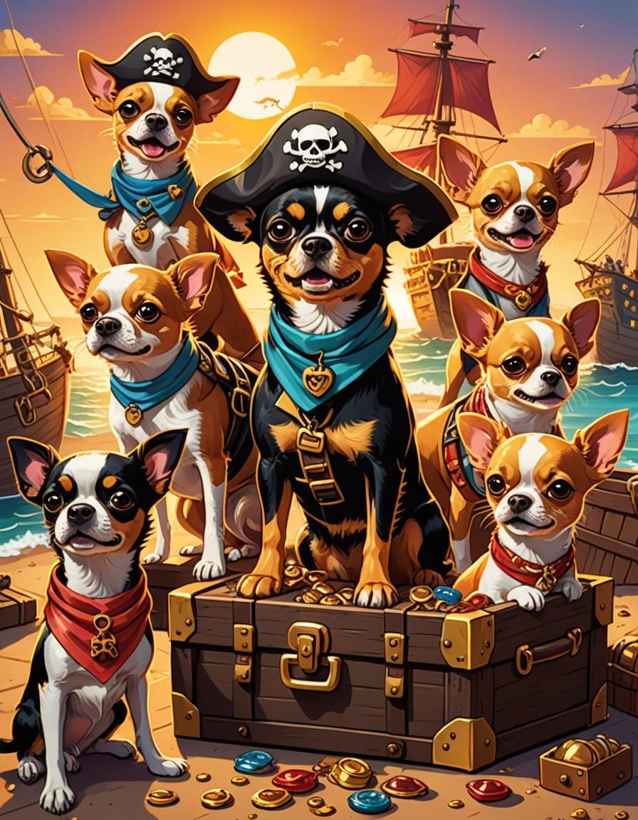 Cartoon Pirate Dogs Led by Chihuahua Captain