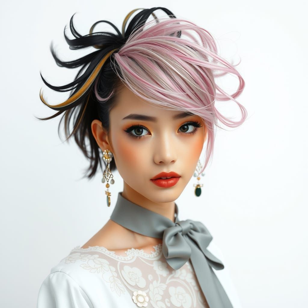 Elegant Woman with Unconventional Hairstyles in Pop Art Styl...