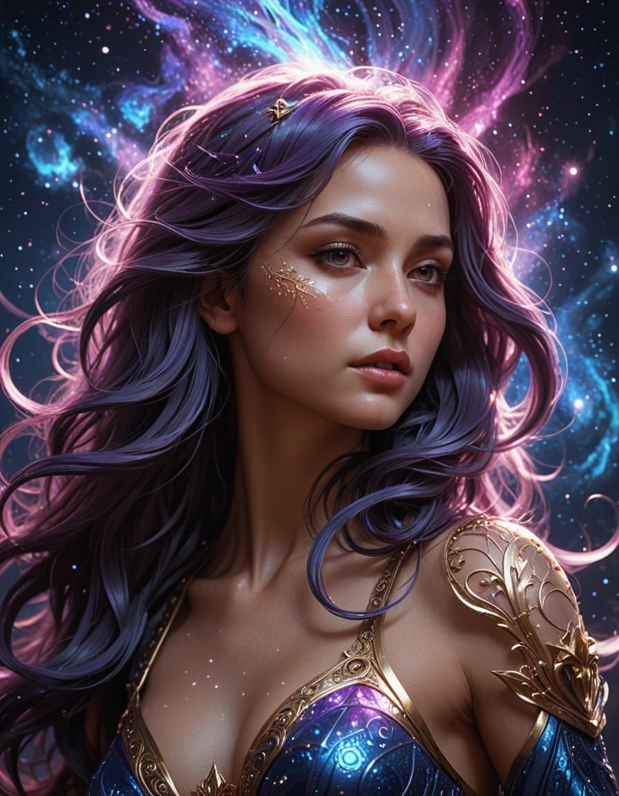 Woman Gazing into Cosmic Nebula in Ethereal Style