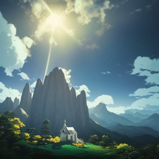 Mountain Church in Anime Style with Epic Clouds