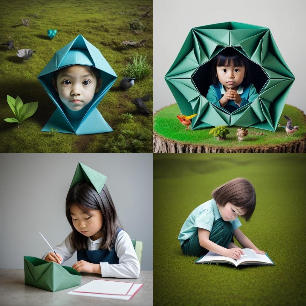 Child Exploring Forest Life in Origami Papercraft