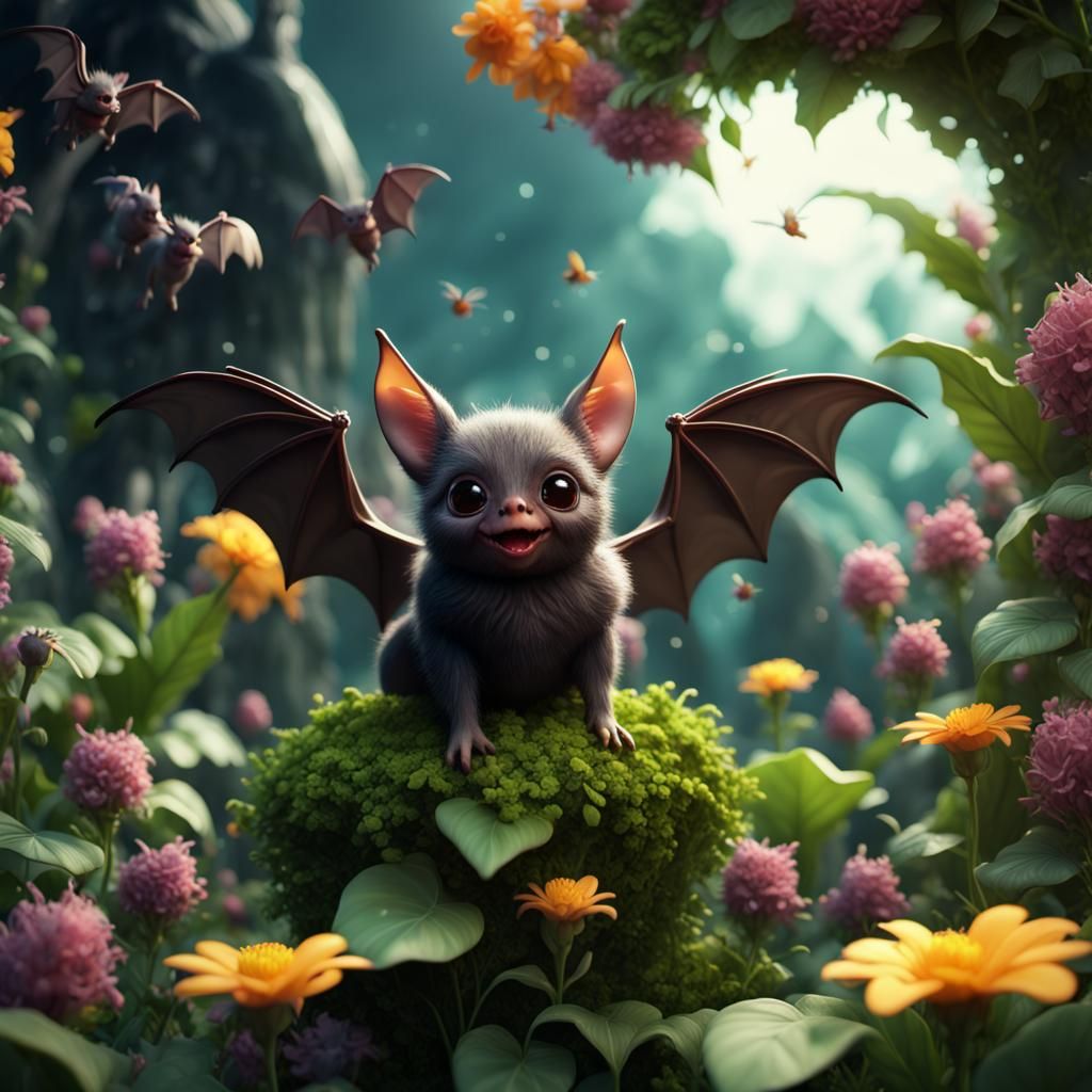 Adorable Bat Pollinating in Lush 3D Garden