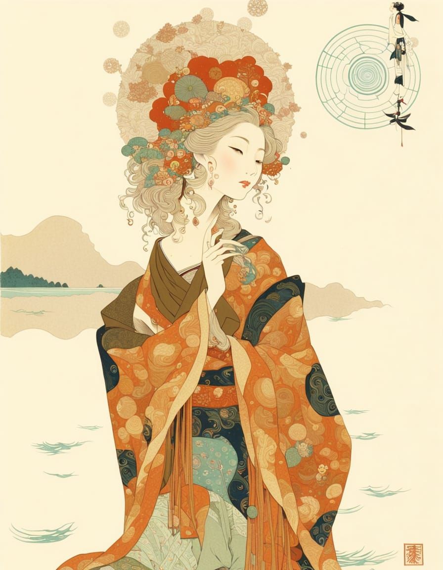 Nymph in Kimono by Lakeside, Japanese Art Style