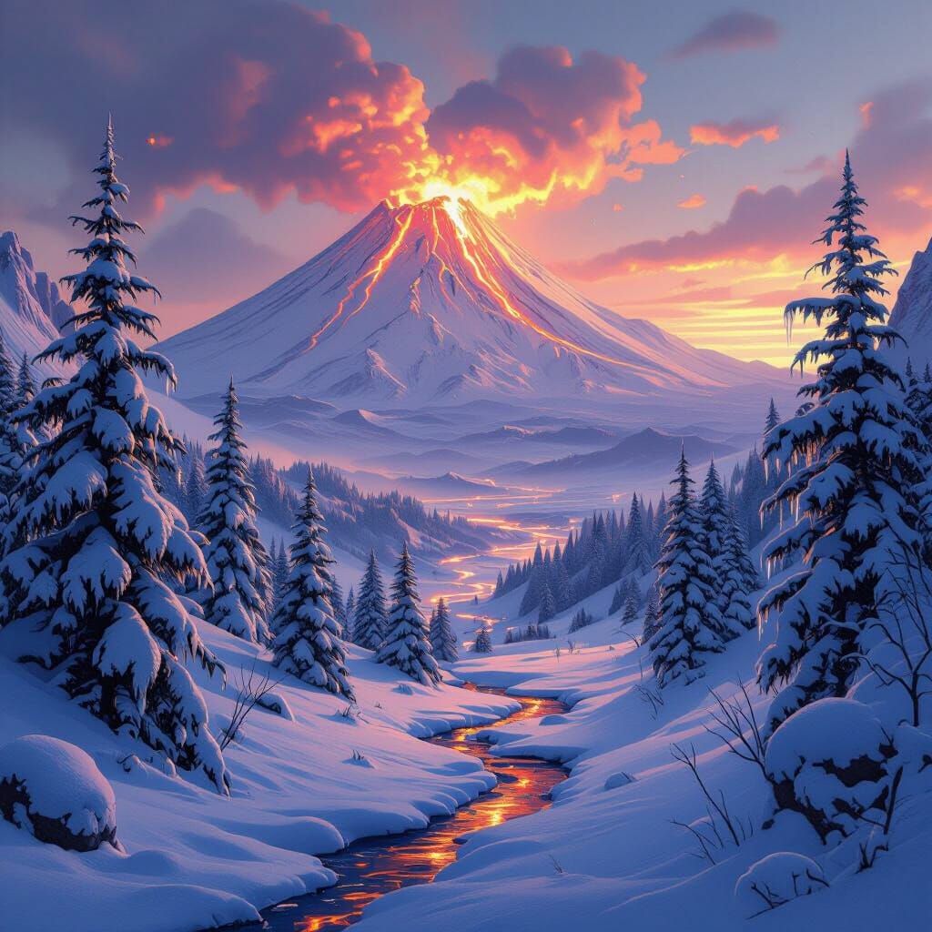 Volcano Erupts in Snowy Valley: Fantasy Concept Art