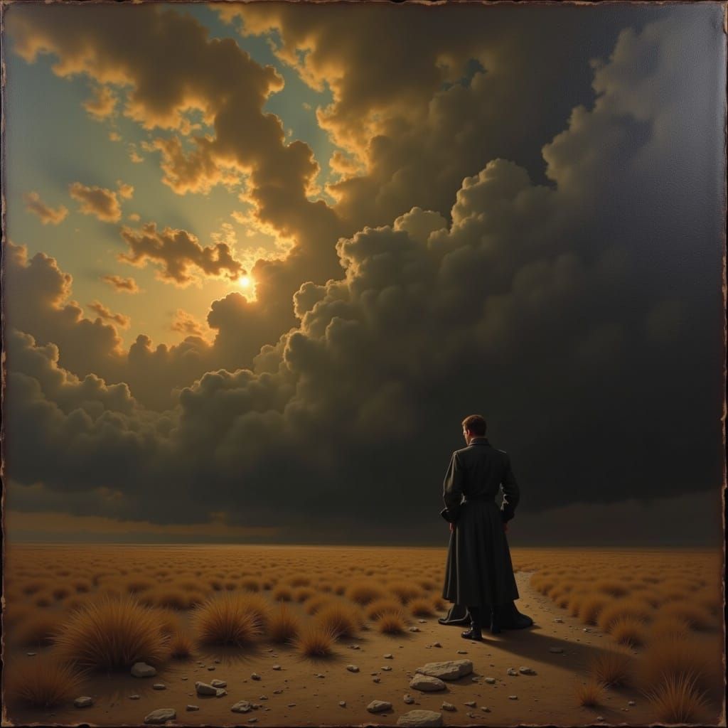 Existential Figure on Windswept Plain in Dark Romantic Style