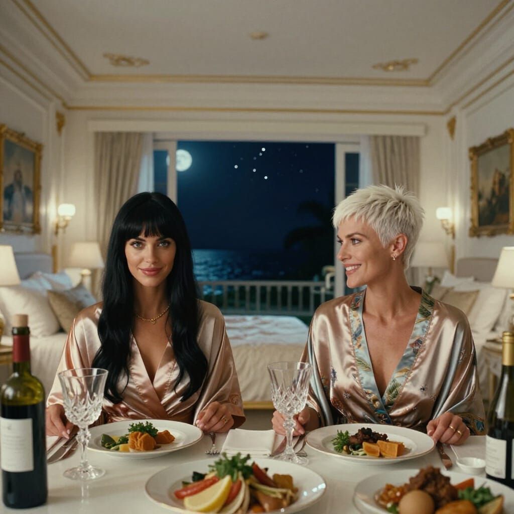 Elegant Women Enjoying a Meal in a Palace Bedroom