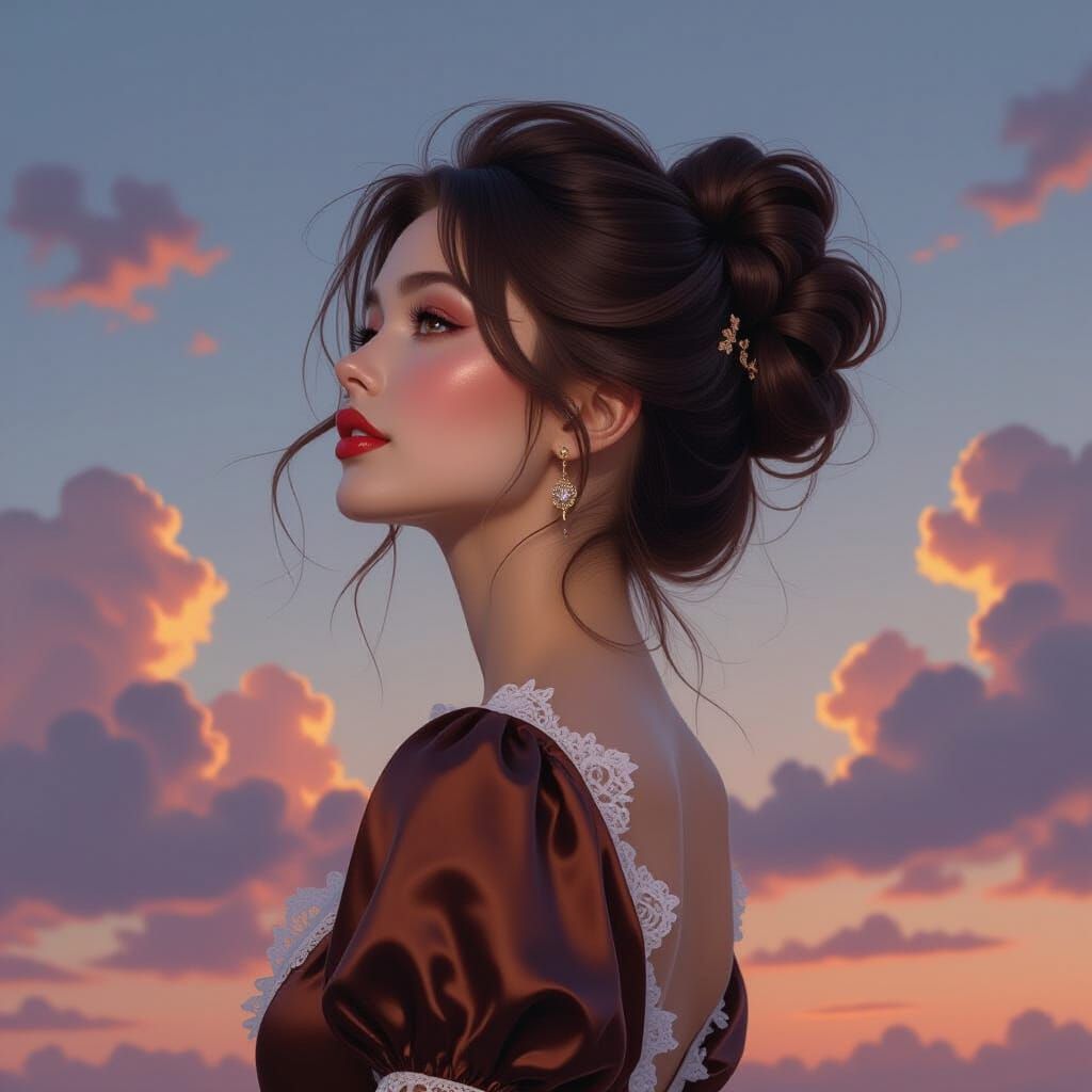 Elegant Girl in Twilight Sky: Hyperdetailed Portrait