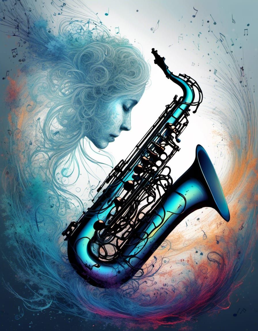 Saxophone Silhouette with Iridescent Waves in Psychedelic Ar...