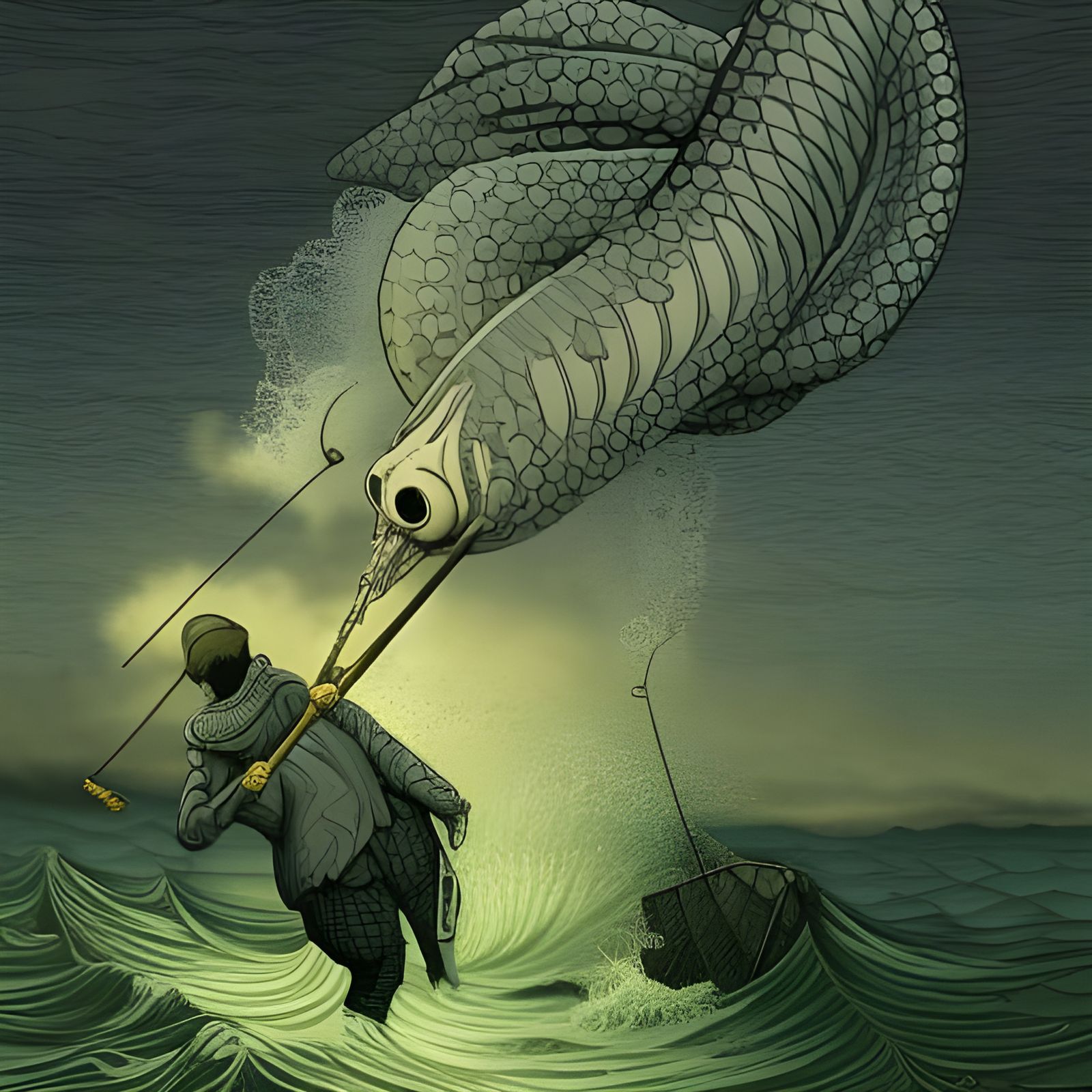 Stormy Sea Squid Fishing: Surrealist Mixed Media